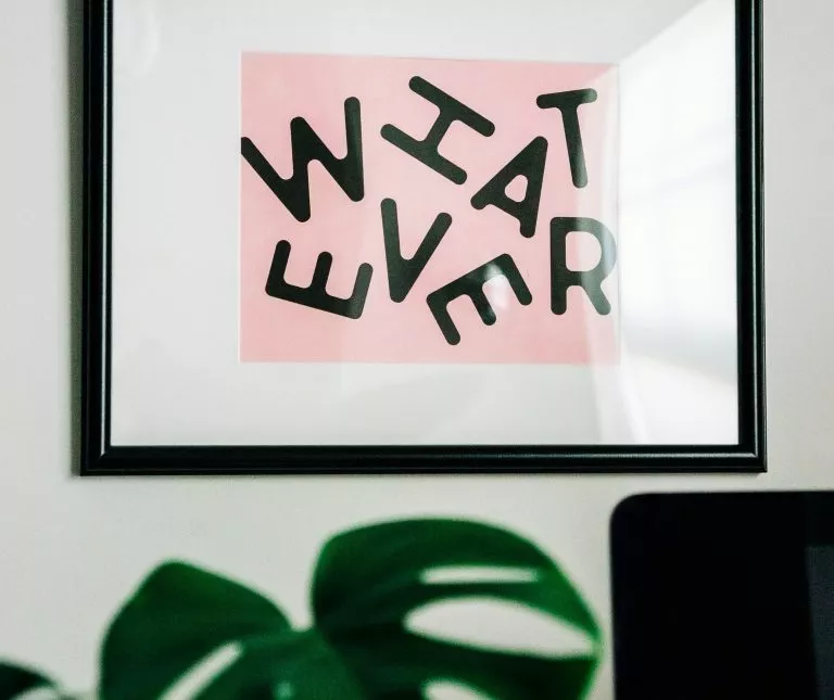 White wall with frame on. Frame contains picture of white square with smaller pink square in the foreground. The word 'whatever' is written in a wonky pattern. In the foreground of the photo is an unfocused plant